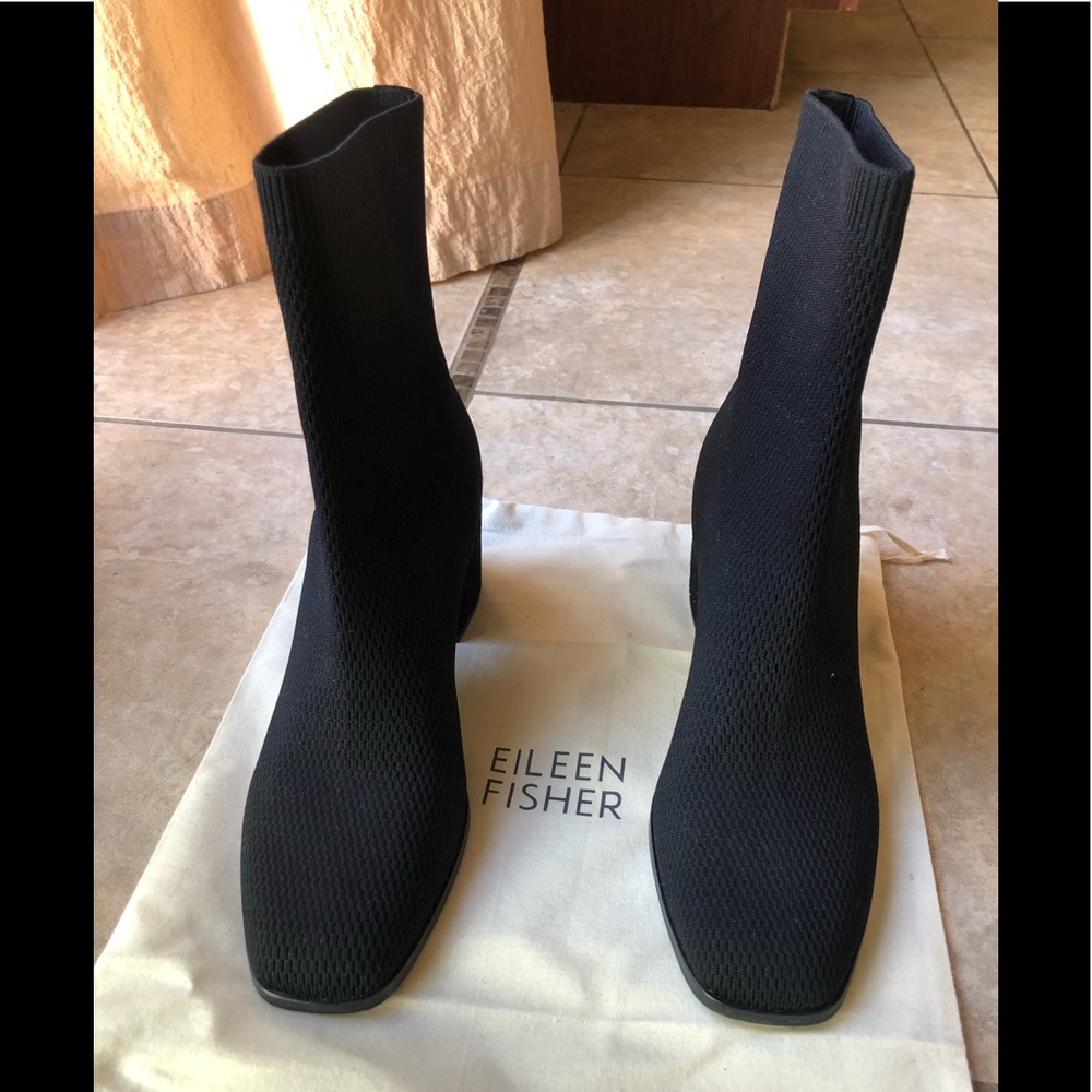 Eileen Fisher Block Heel Stretch Sock Booties Black 7.5